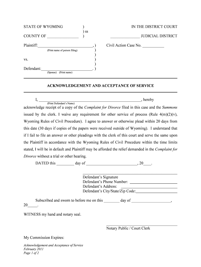 Acknowledge Receipt of a Copy of the Complaint for Divorce Filed in This Case and the Summons  Form