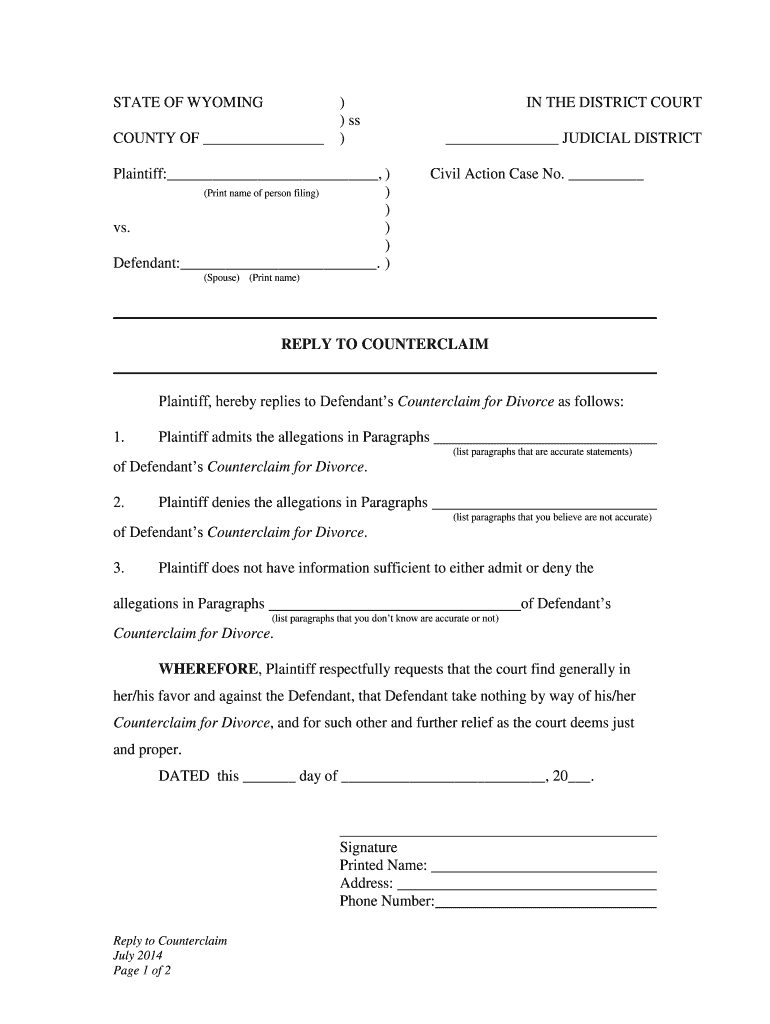 Plaintiff, Hereby Replies to Defendants Counterclaim for Divorce as Follows  Form