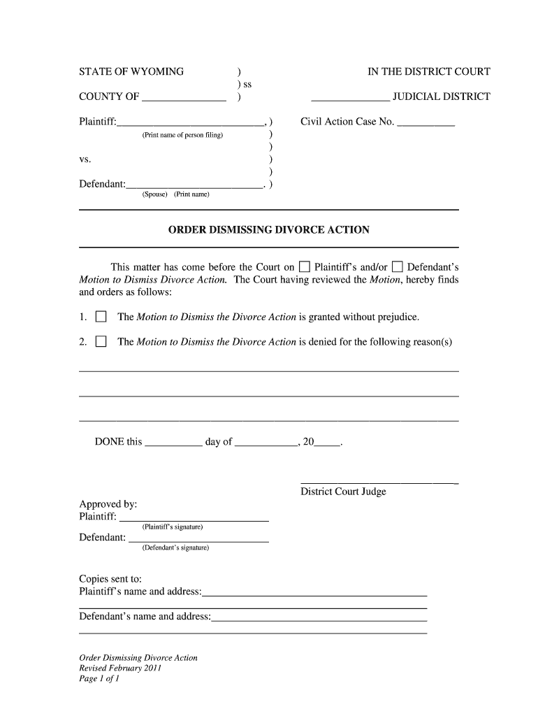 ORDER DISMISSING DIVORCE ACTION  Form