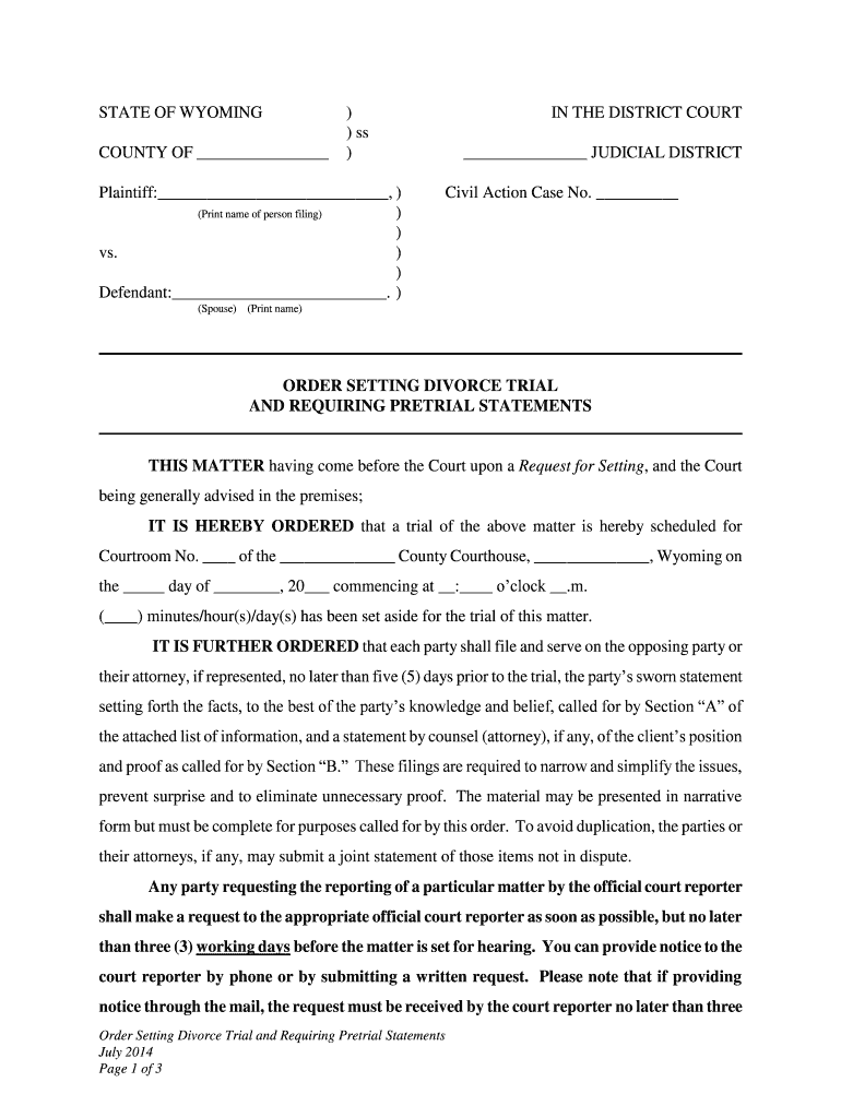 Packet 3 Divorce with No Children Plaintiff Sublette County  Form