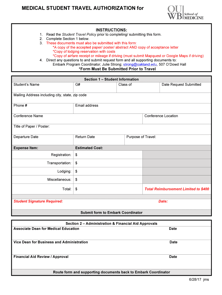  6 28 17 Medical Student Travel Authorization Form DOCX 2017-2024