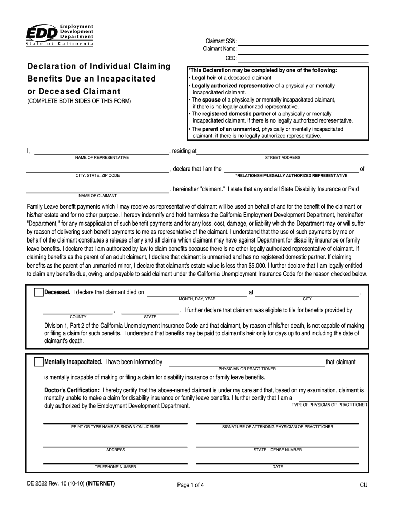 Declaration of Individual Claiming Benefits Due an Incapacitated or Deceased Claimant DE 2522  Form