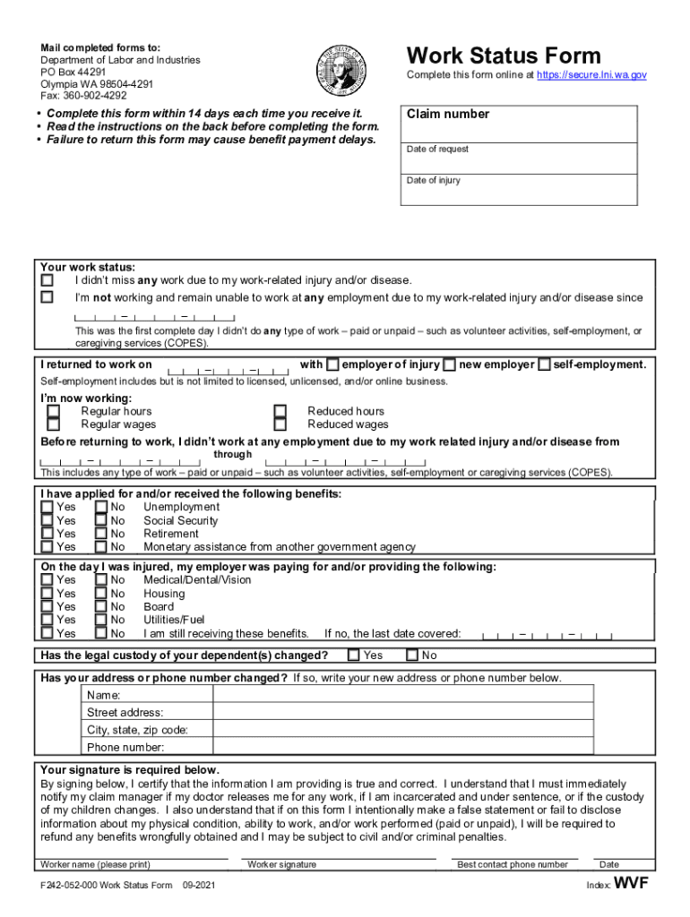  Work Status Form F242 052 000 Work Status Form F242 052 000 2021-2024