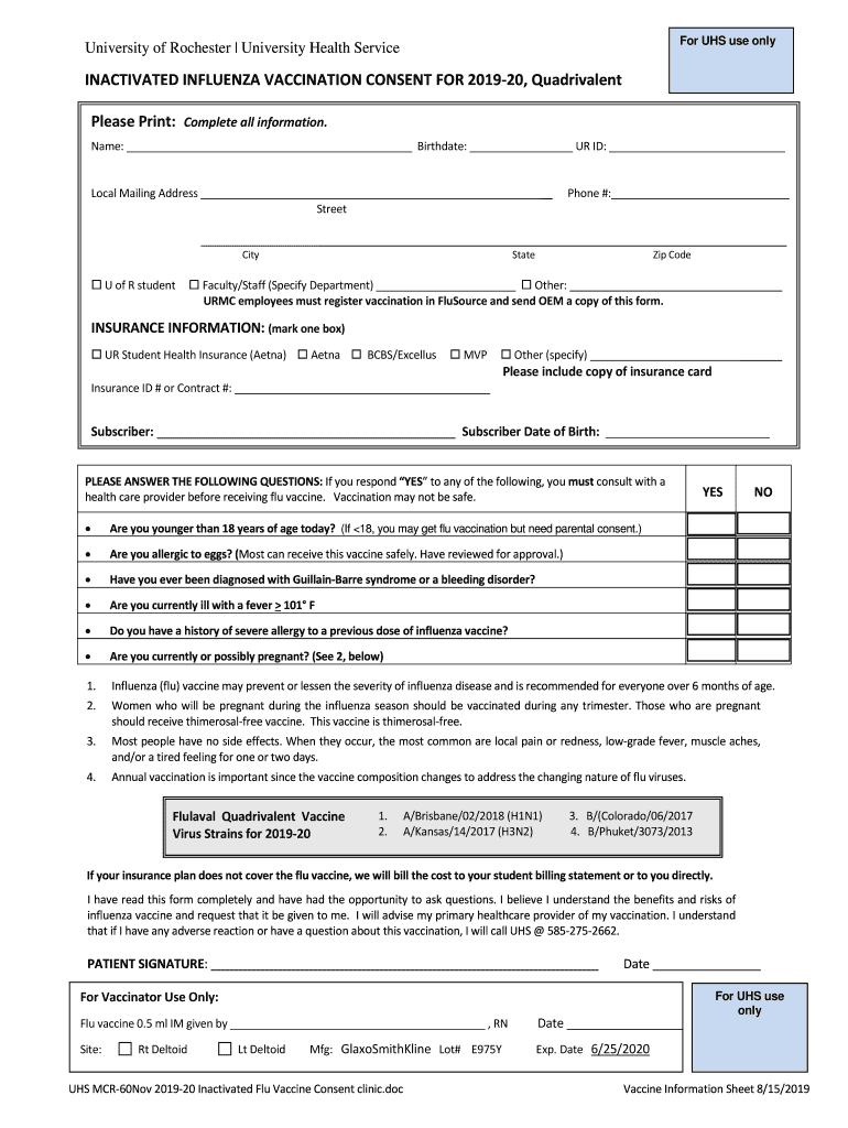 Influenza Flu 20 Vaccine Consent Form University Of Fill Out and Sign