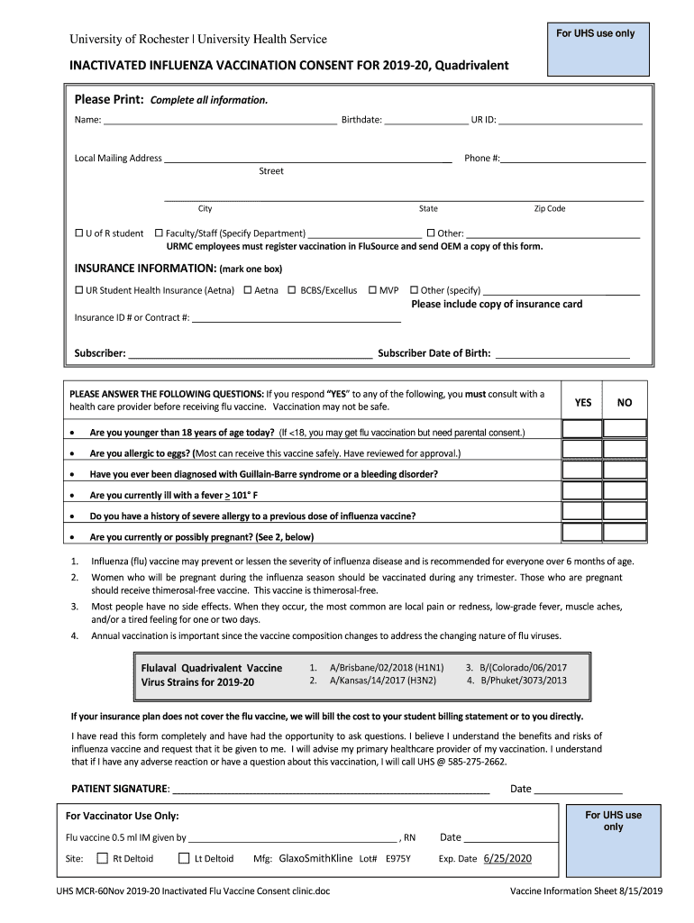 Influenza Flu 20 Vaccine Consent Form University Of Fill Out And Sign