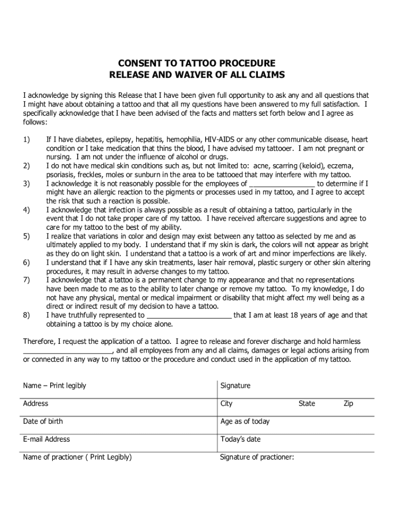 Consent to Tattoo Procedure Waiver  Form