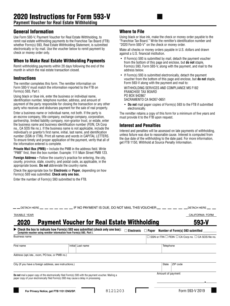  California Form 593 V Payment Voucher for Real Estate 2020