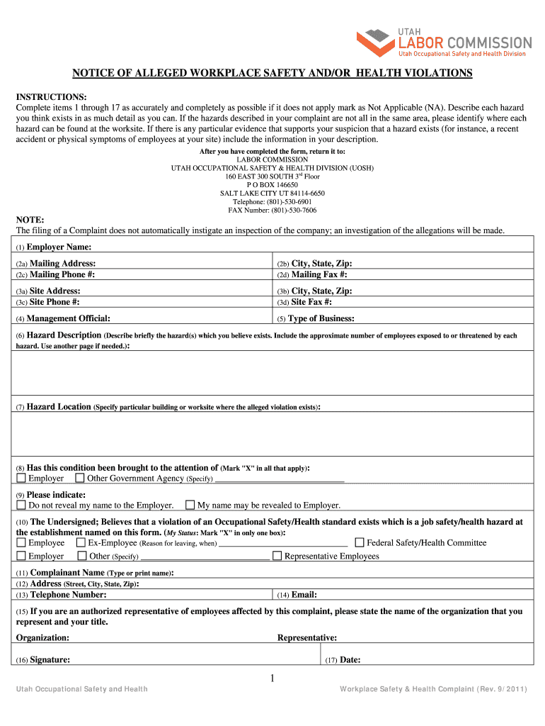 Form F 418 052 000 Alleged Safety or Health Hazards