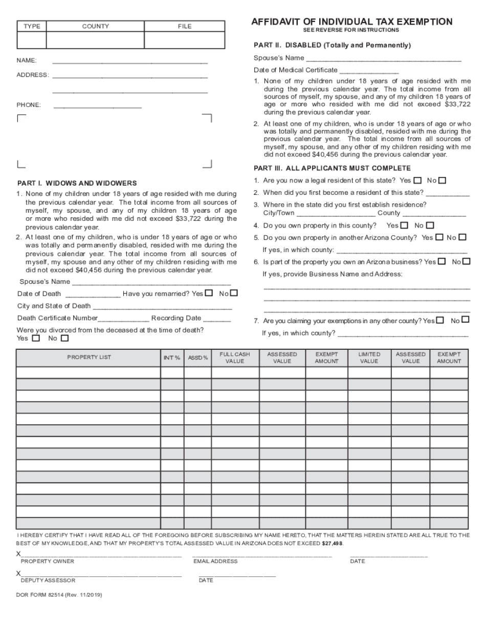  Affidavit of Individual Tax Exemption Form DOR 82514 PDF 2019