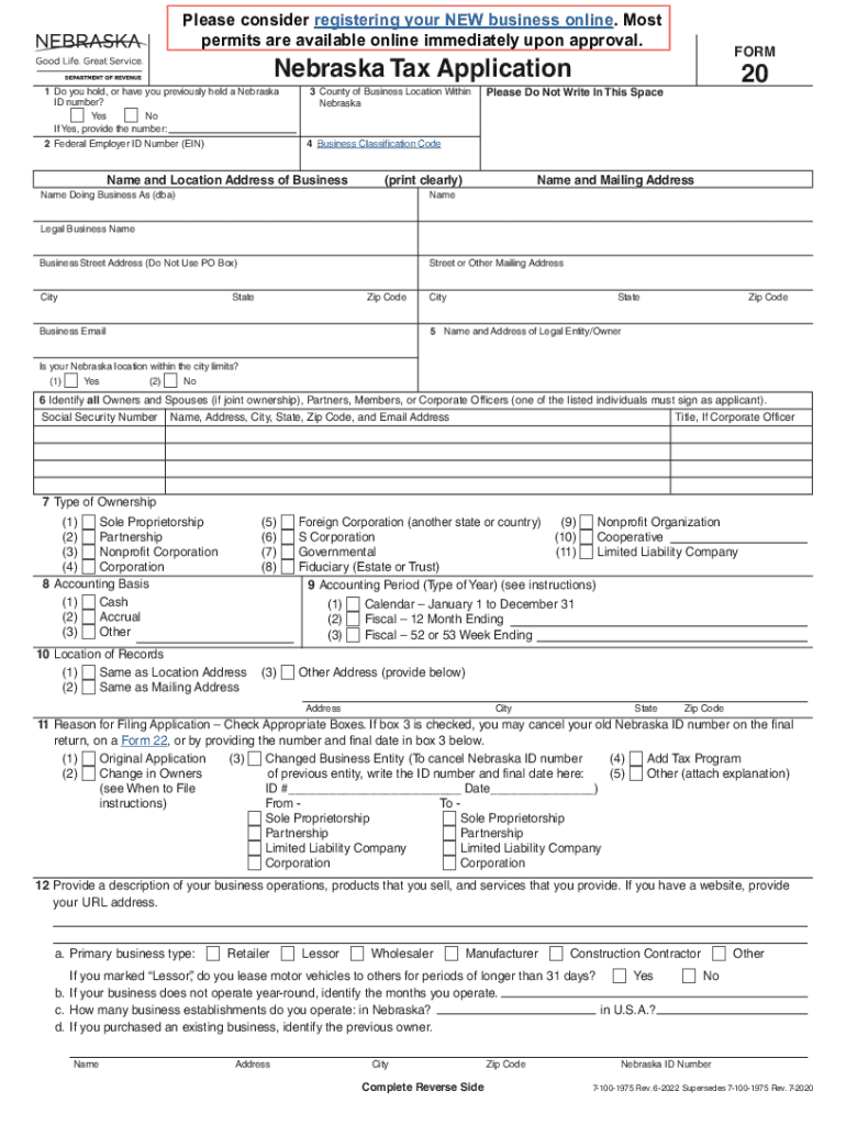 Nebraska Tax Application, Form 20