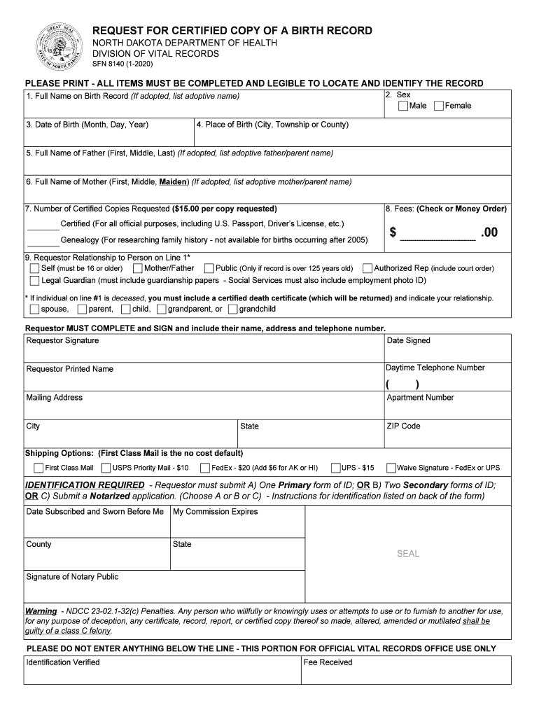Get and Sign Request for Certified Copy of a Birth Record North Dakota 2020-2022 Form