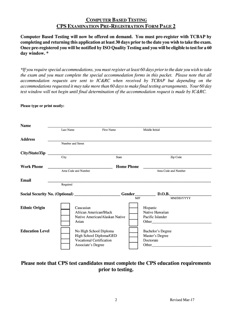 Fillable Online CPS CBT EXAMINATION PRE REGISTRATION  Form