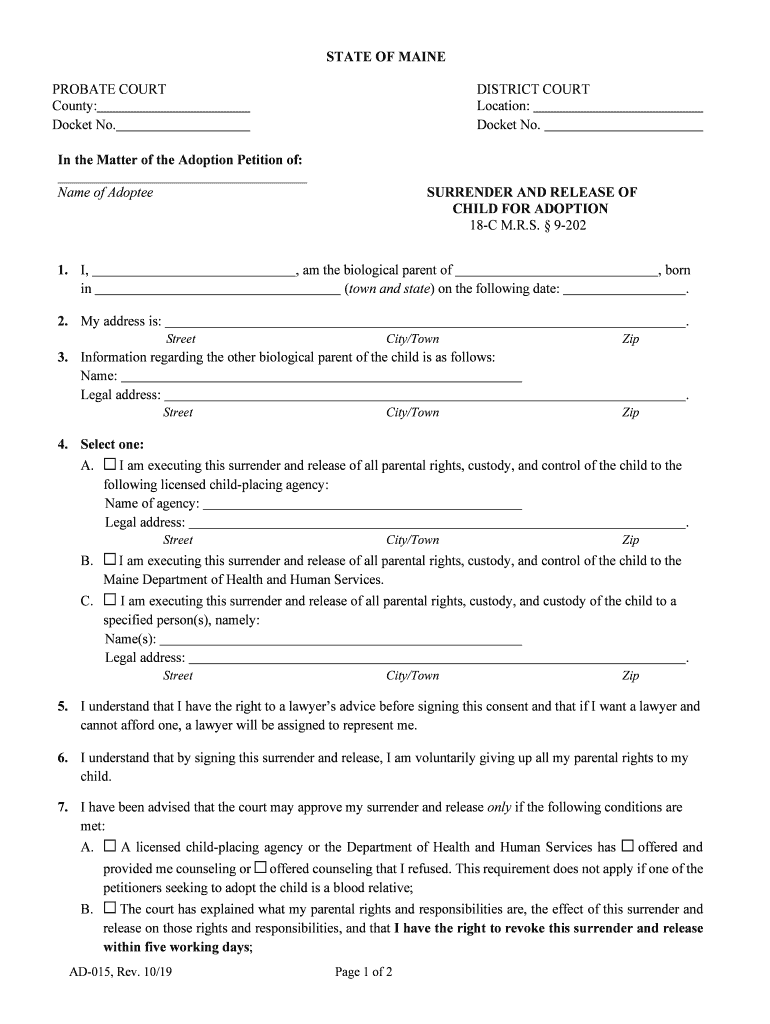 AD 015 Surrender and Release for Adoption DOCX  Form