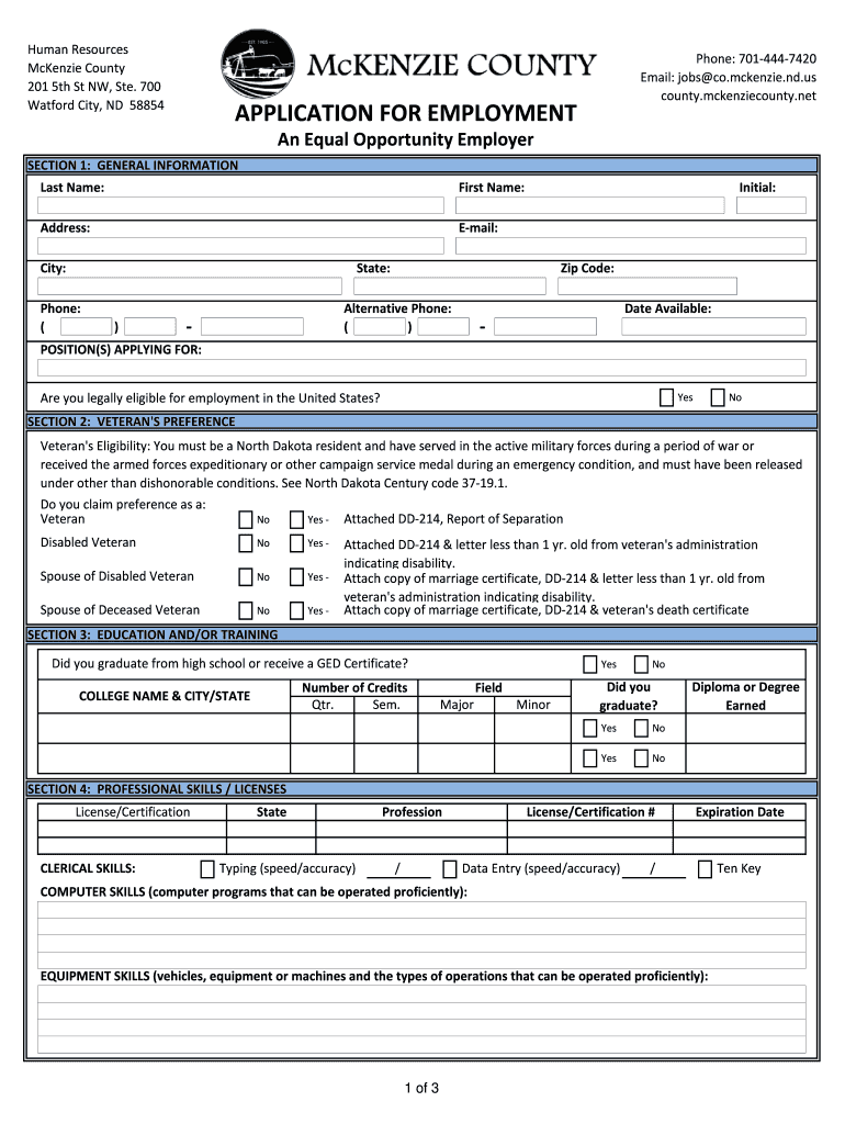 Careers Opportunities McKenzie County  Form