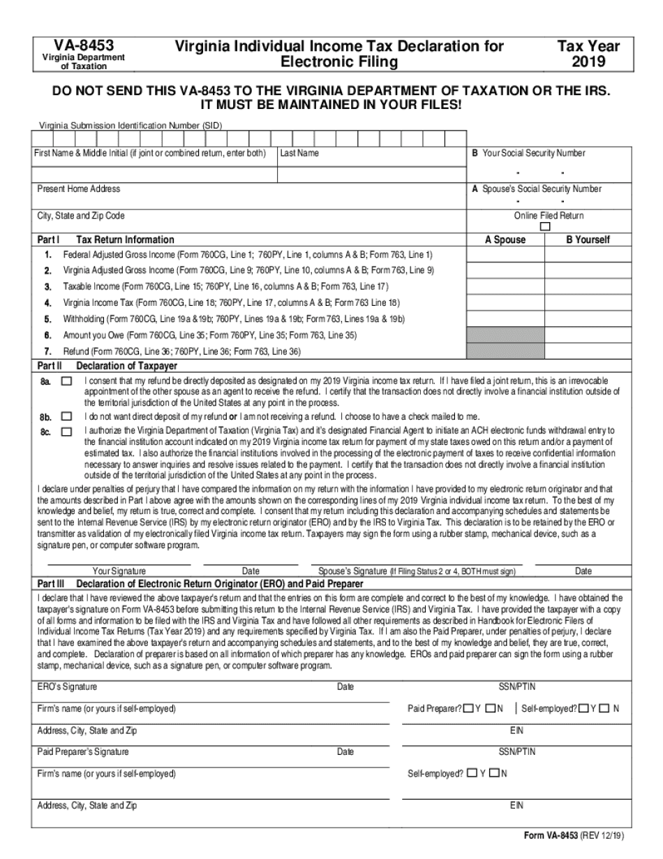  Individual E File Declaration for Electronic Filing Form VA 8453 2019