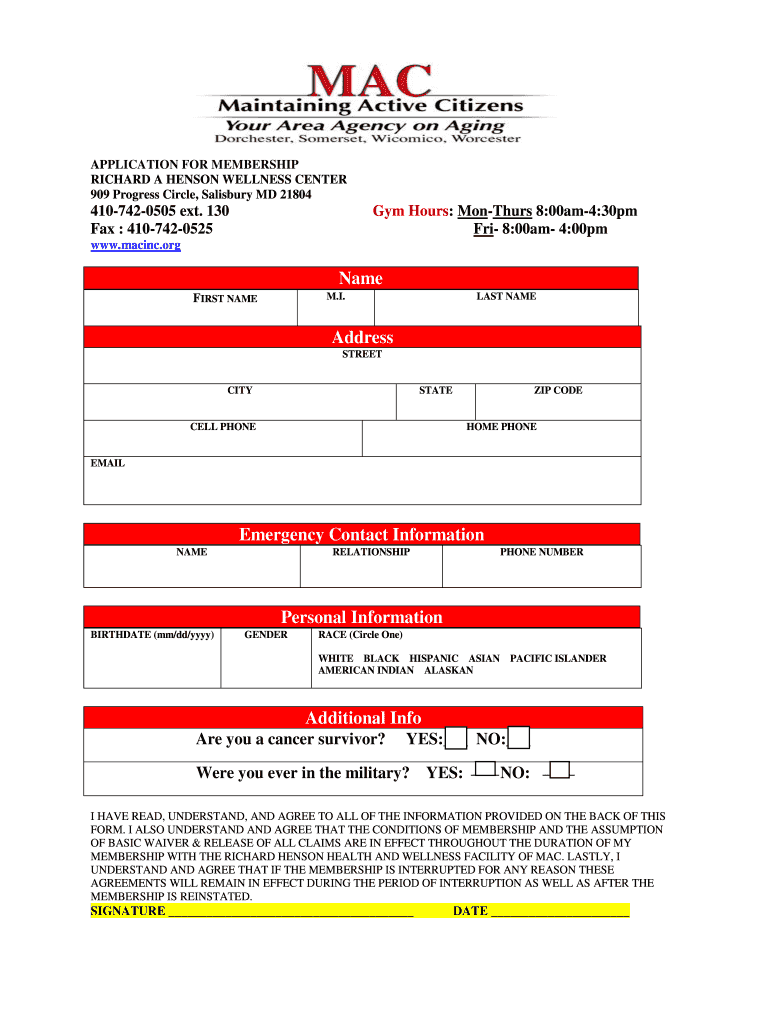 APPLICATION for MEMBERSHIP RICHARD a HENSON WELLNESS  Form