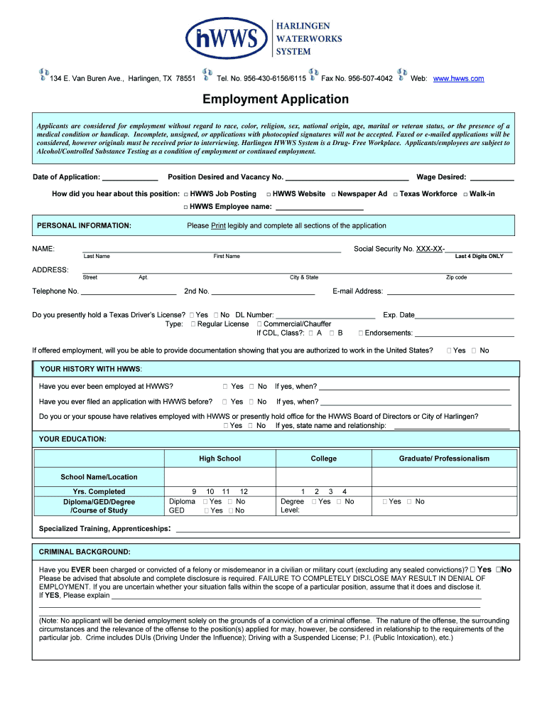 City of Harlingen HWWSMF Runnion Water Treatment Plant  Form