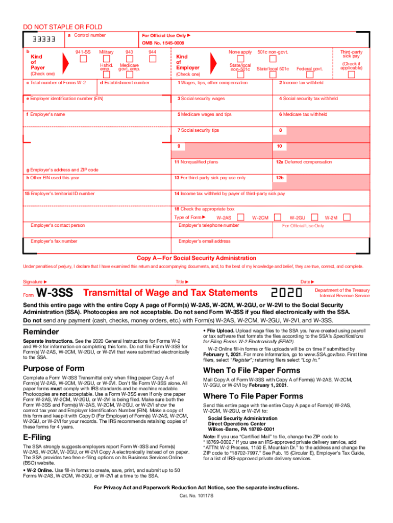  Form W 3SS Transmittal of Wage and Tax Statements 2020