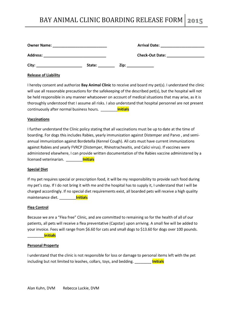  BAY ANIMAL CLINIC BOARDING RELEASE FORM 2015