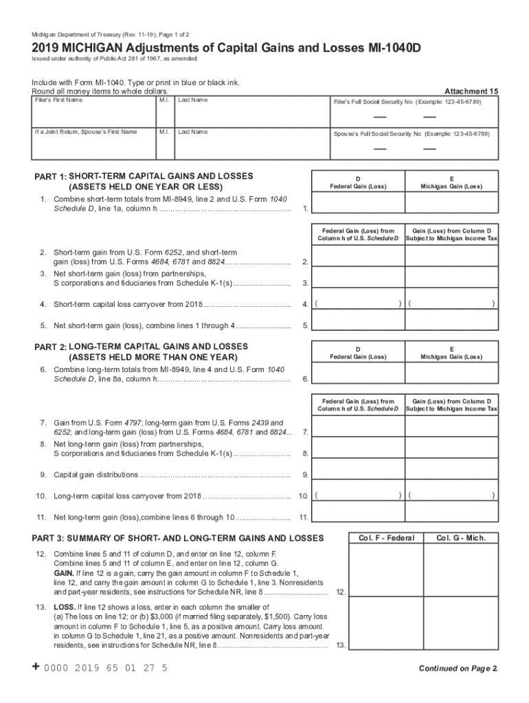  MICHIGAN Adjustments of Capital Gains and Losses MI 1040D MICHIGAN Adjustments of Capital Gains and Losses MI 1040D 2019