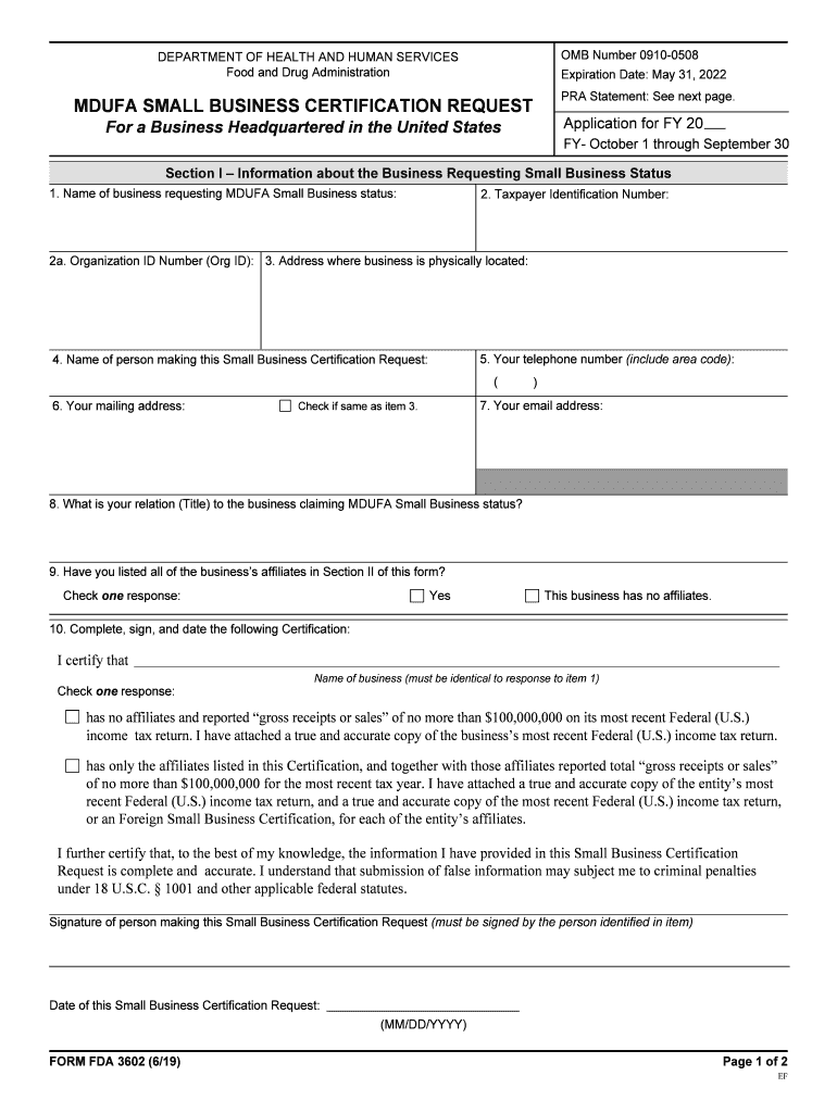 FORM FDA 3602 MDUFA SMALL BUSINESS CERTIFICATION REQUEST