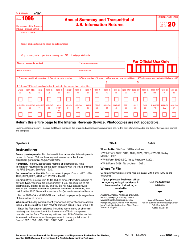 Form 1096 Annual Summary and Transmittal of U S Information Returns