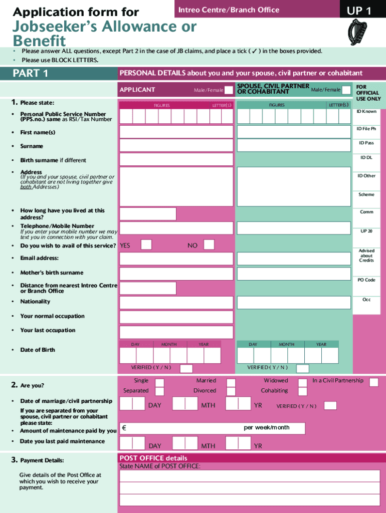 UP 1Intreo CenterBranch OfficeApplication Form Fo