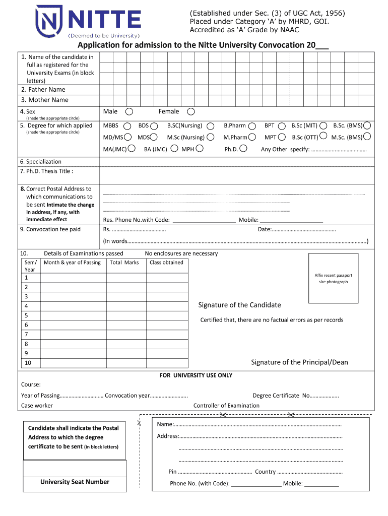 Application for Migration Certificate NITTE University  Form