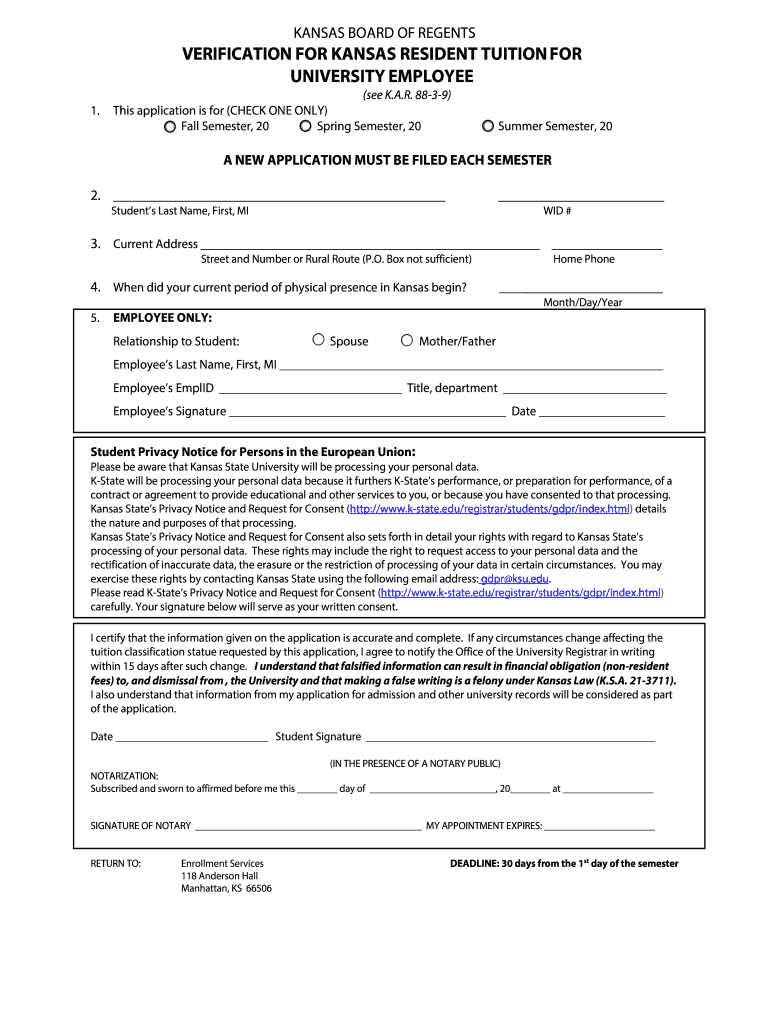 VERIFICATION for KANSAS RESIDENT TUITION for  Form