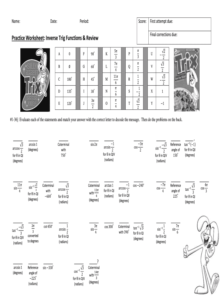 Practice Worksheet Inverse Trig Functions and Review Trix Answers  Form