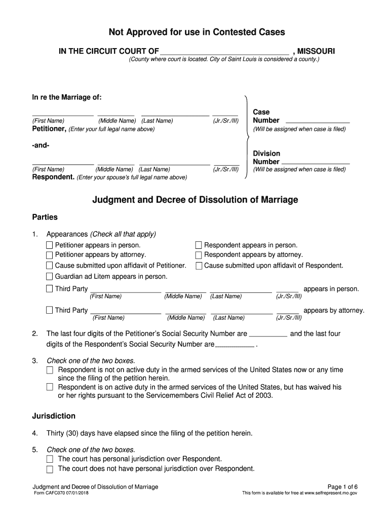 Judgment and Decree of Dissolution of Marriage Form CAFC070