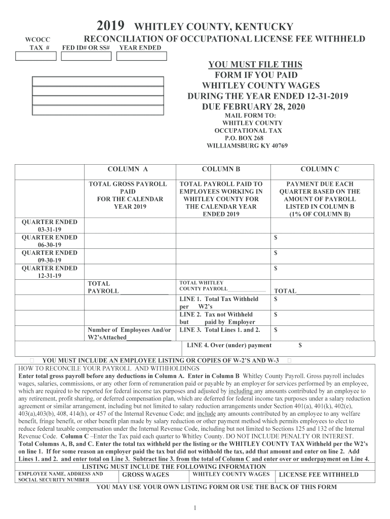 Whitley Co Ky Occupational Tax Forms