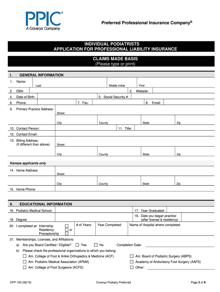 Podiatrists Professional Liability Insurance Bailey Special Risks  Form