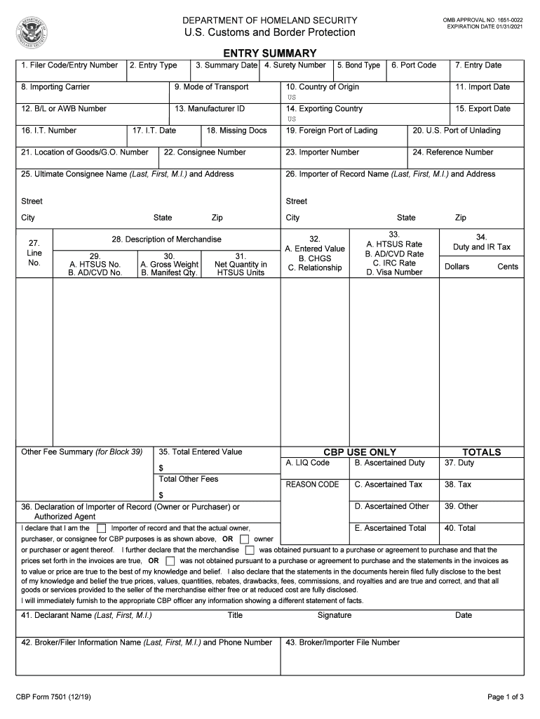  CBP Form 7501 Customs and Border Protection 2019-2024