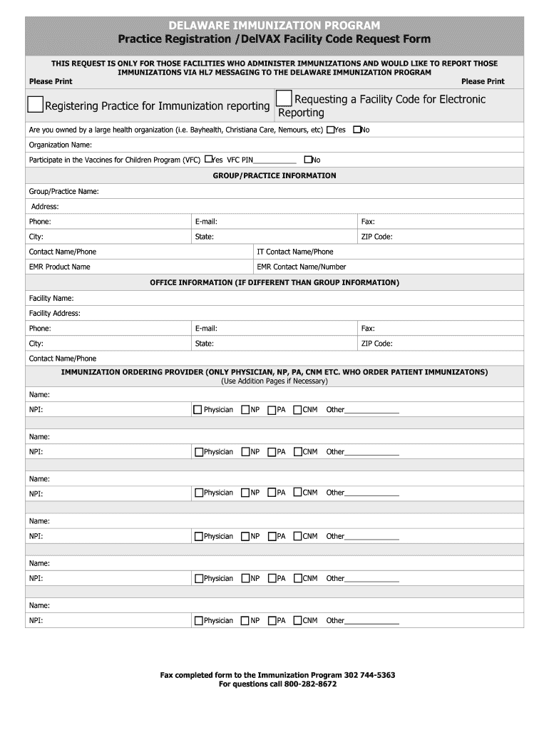 Practice RegistrationDelVAX Facility Code Request Form