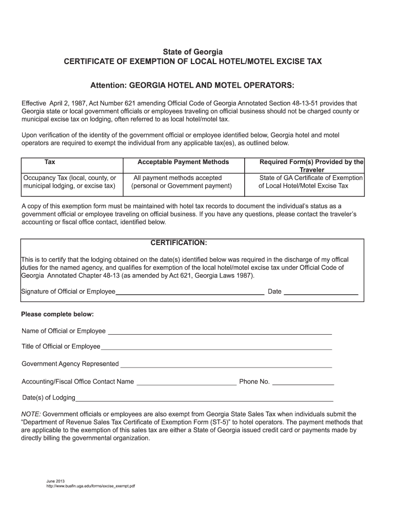  Georgia Hotel Tax Exempt Form 2013