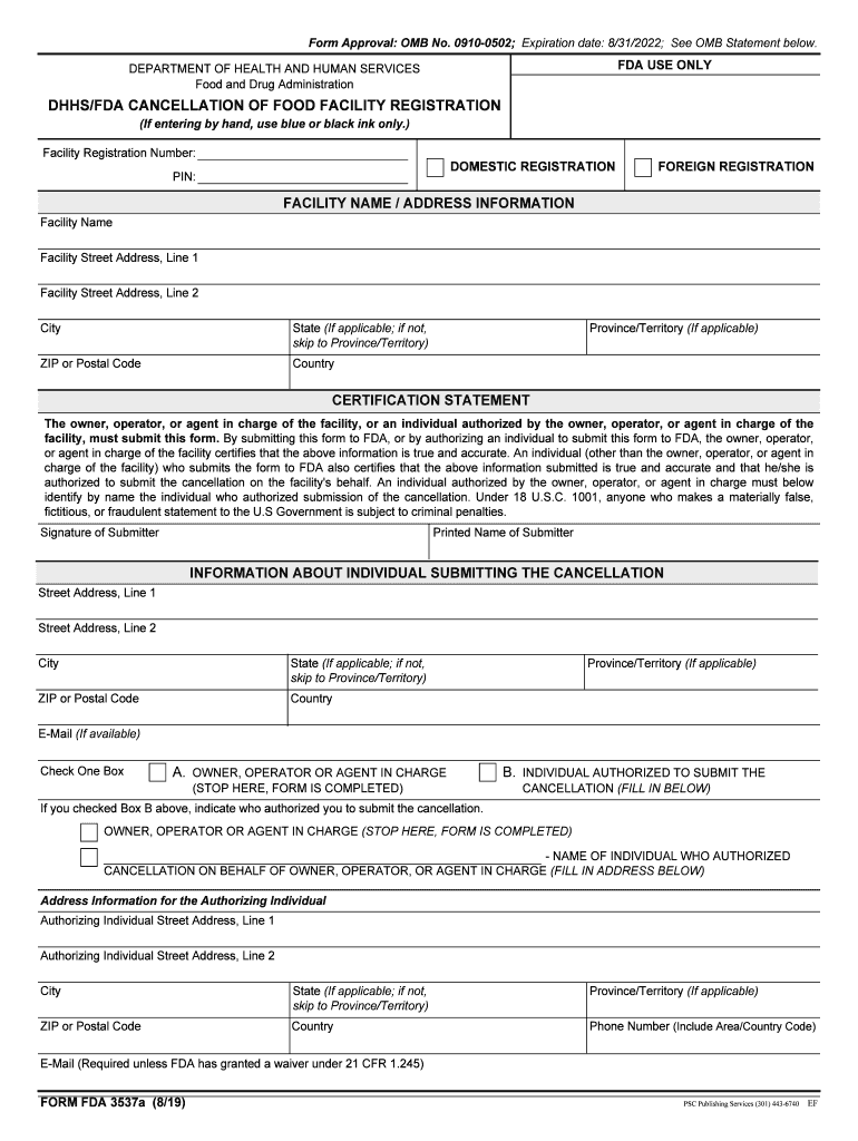 FORM FDA 3537a DHHSFDA Cancellation of Food Facility Registration