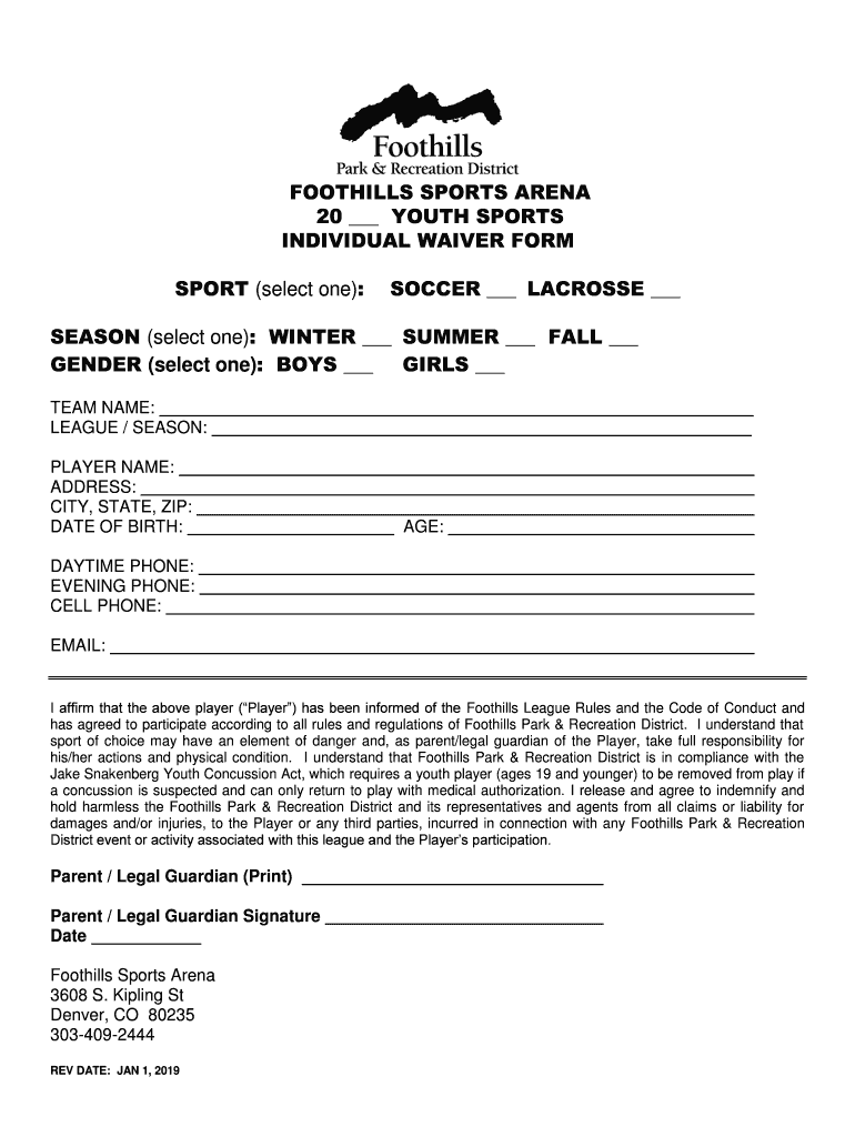 YOUTH SPORTS INDIVIDUAL WAIVER FORM SPORT