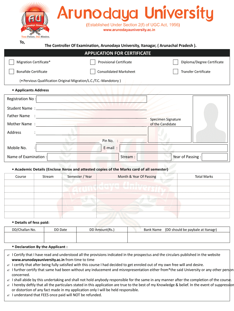Application Form for Migration Certificate NERIST