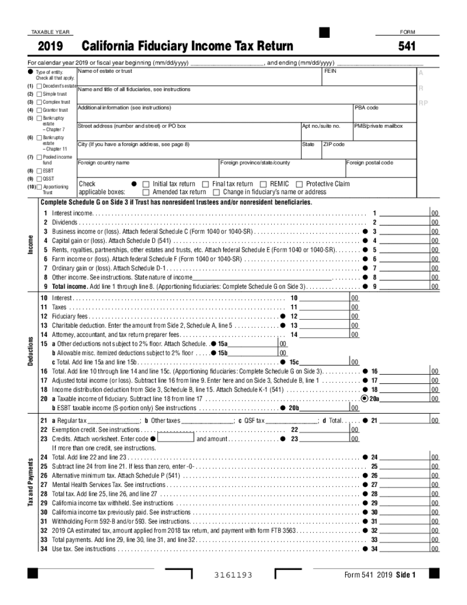  Form 541 California Fiduciary Income Tax Return , Form 541, California Fiduciary Income Tax Return 2019