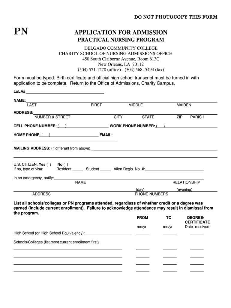 Get and Sign Practical Nursing Application Delgado Community College  Form