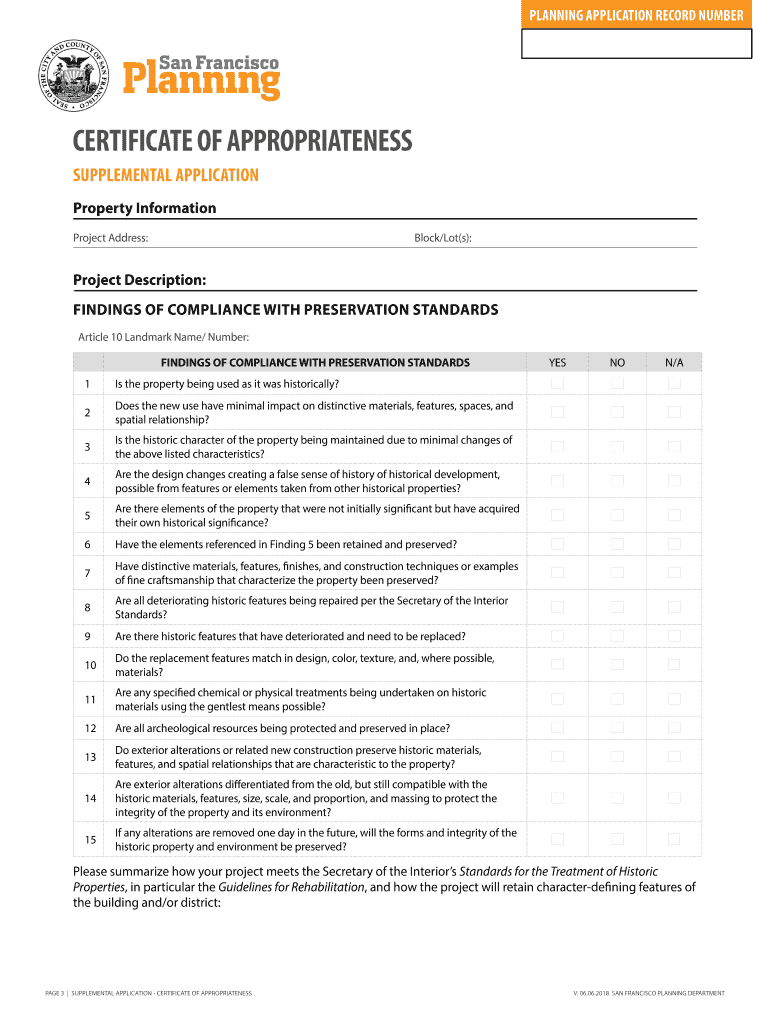  Certificate of Appropriateness Application San Francisco 2018