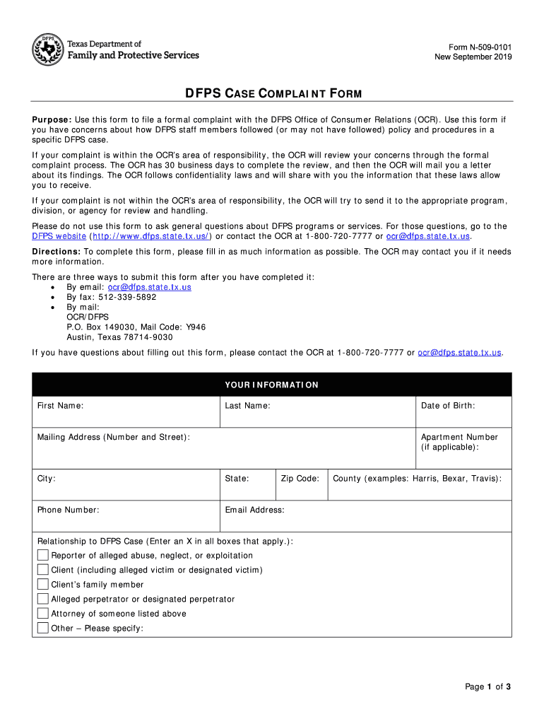  DFPS CASE COMPLAINT FORM 2019