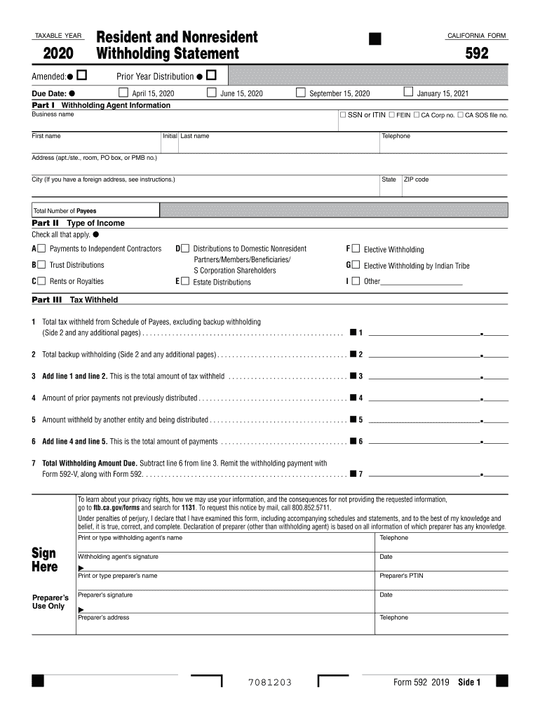  Form 592 Resident and Nonresident Withholding Statement , Form 592, Resident and Nonresident Withholding Statement 2020