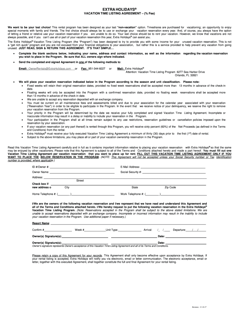 Extra Holidays Vacation Listing Agreement Club Wyndham  Form