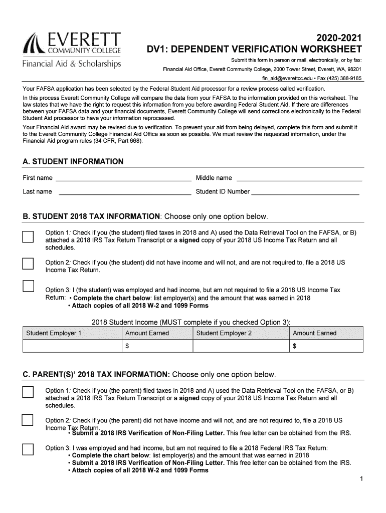  Dependent Verification Worksheet DV1 2020-2024