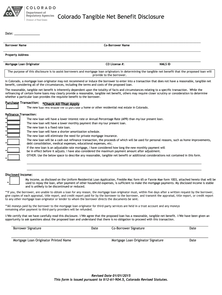  Fillable Online Colorado Tangible Net Benefit Disclosure 2015