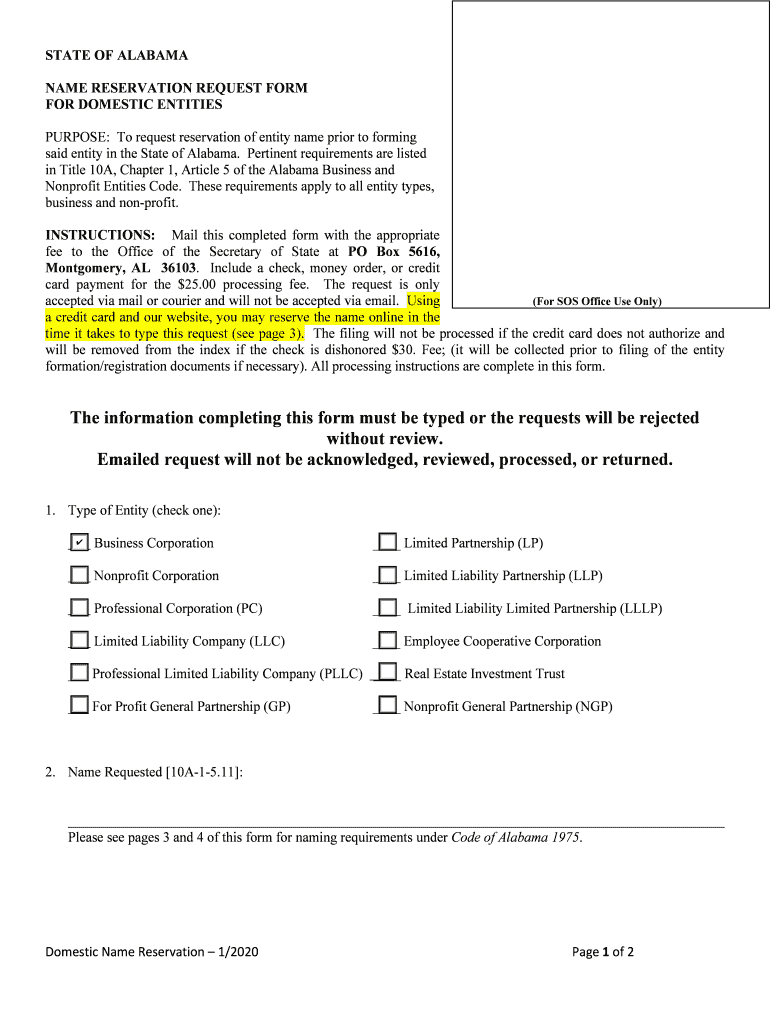 PURPOSE to Request Reservation of Entity Name Prior to Forming