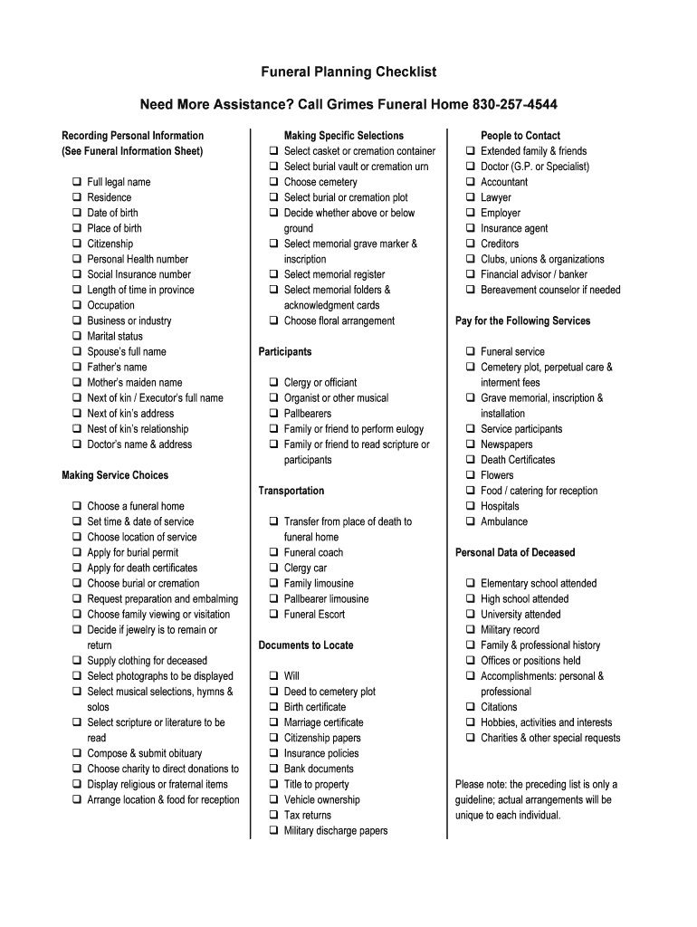 Printable Funeral Planning Checklist PDF  Form