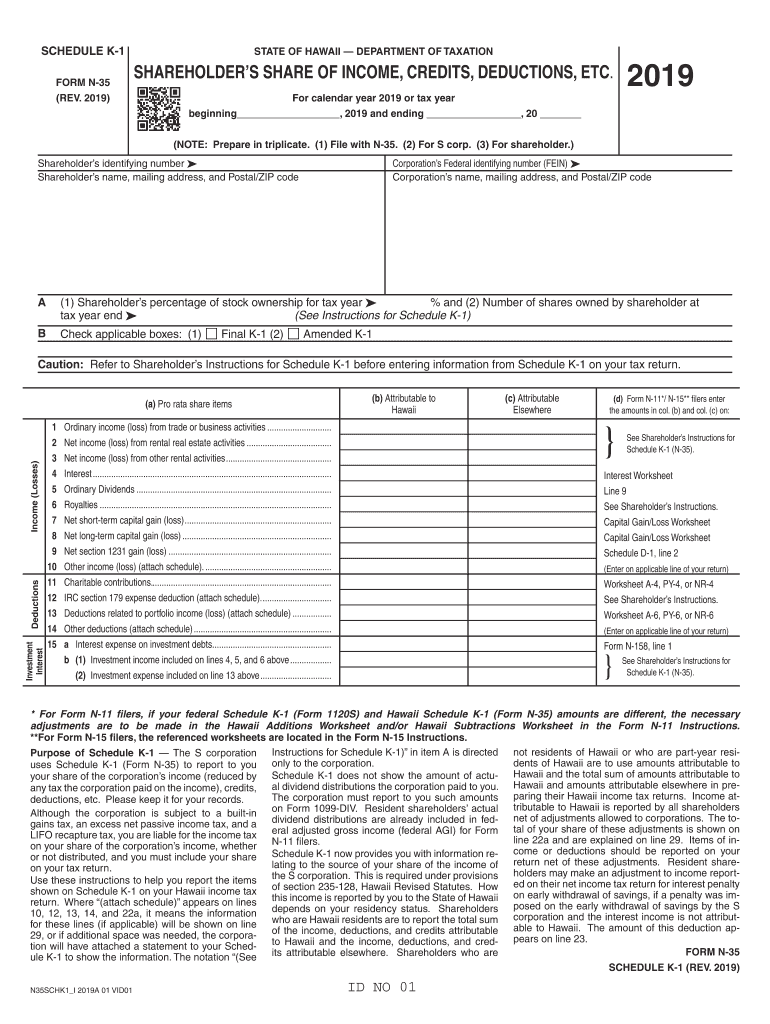  Schedule K 1 Form N 35 Rev Shareholder's Share of Income, Credits, Deductions, Etc Forms 2019